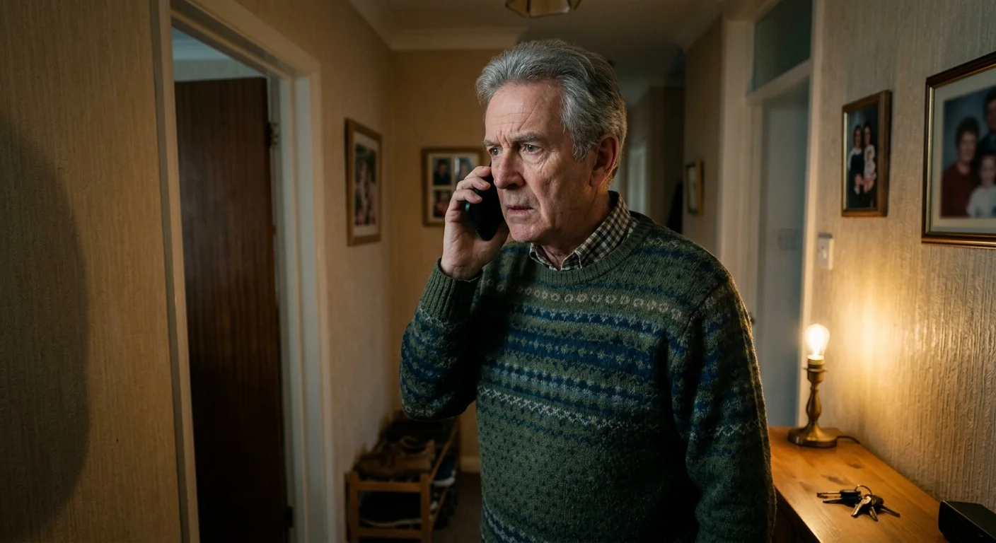 An older man in a knit sweater stands in his hallway making an urgent phone call on his smartphone under warm home lighting.