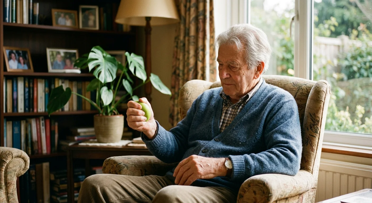 An older man sitting in a sunlit room practicing hand therapy with a green rehabilitation ball, focusing on recovery.