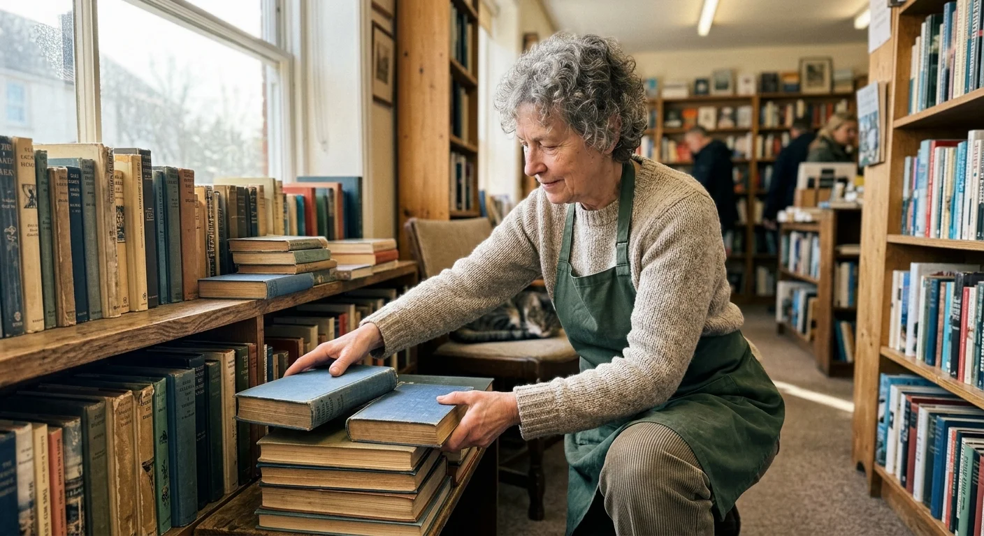 An older woman in a canvas apron organizing books on a wooden shelf in a warm, sunlit independent bookstore.