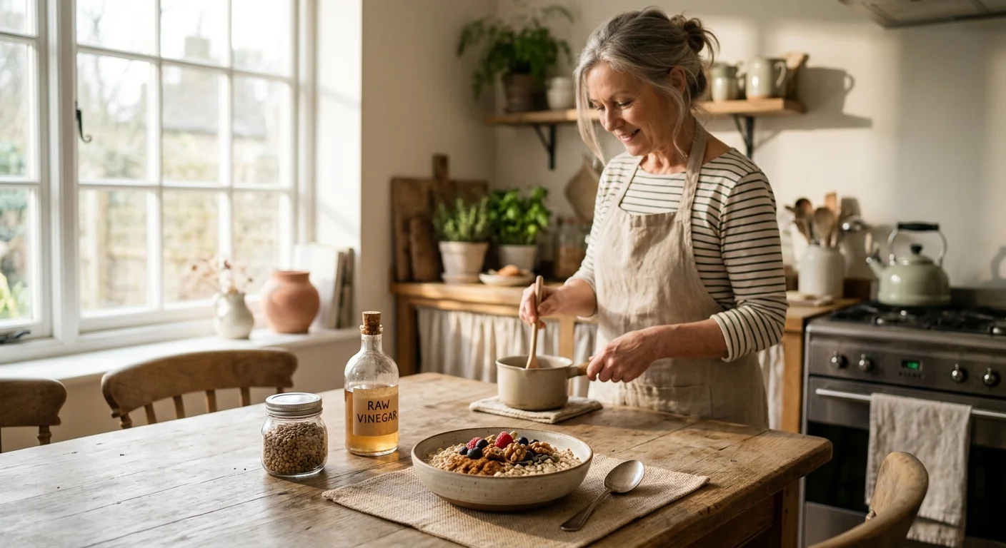 An older woman preparing a healthy breakfast of oatmeal with cinnamon on a sunlit rustic wooden kitchen table.