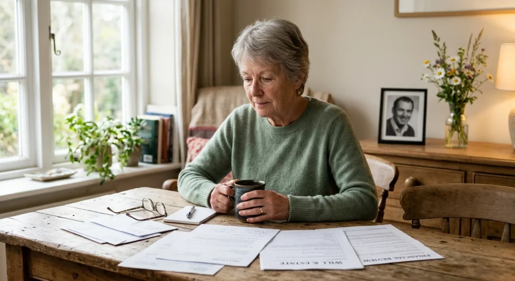 An older woman sits thoughtfully at her sunlit dining table looking over paperwork, with a blurred photo of her late husband in the backgrou