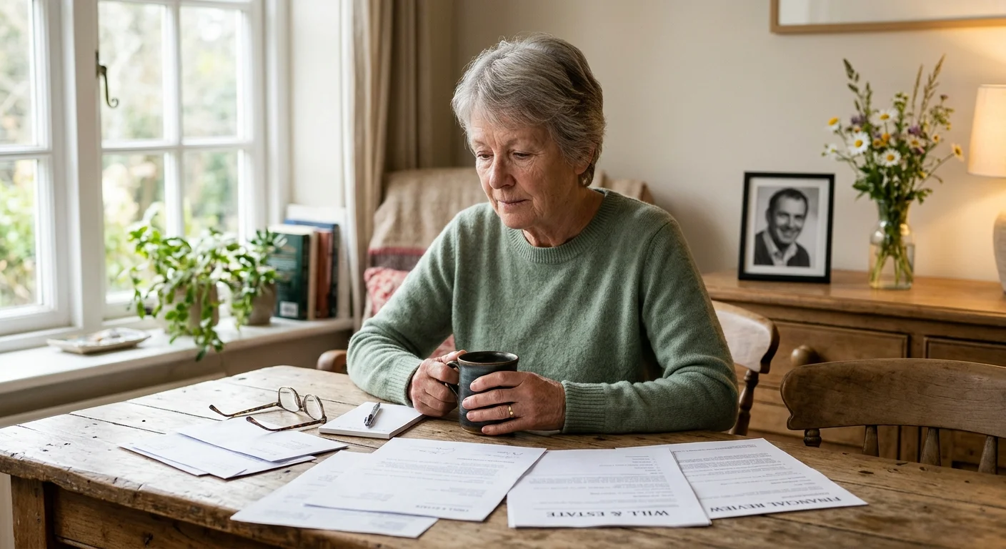 An older woman sits thoughtfully at her sunlit dining table looking over paperwork, with a blurred photo of her late husband in the backgrou