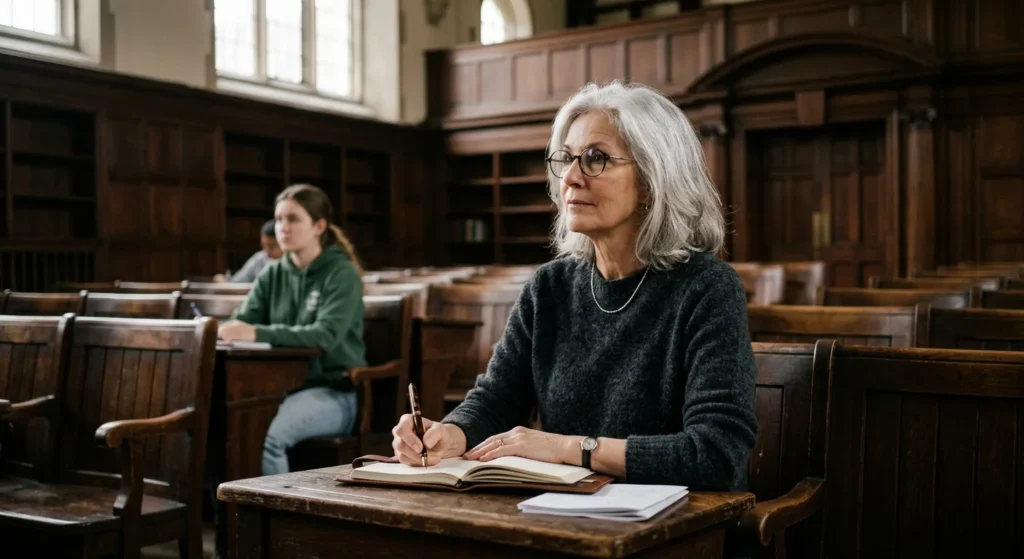 An older woman taking notes in a wood-paneled university classroom.
