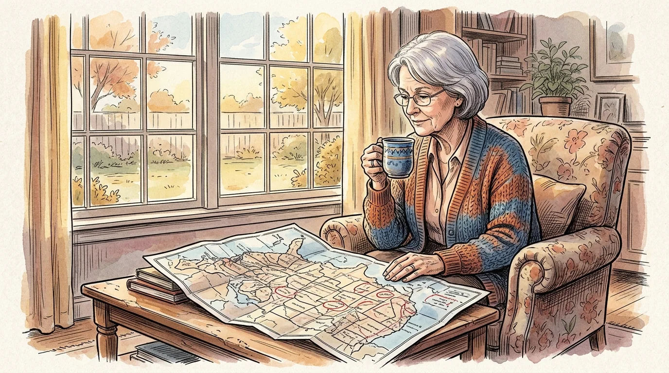 An watercolor illustration of an older woman in a cozy living room studying a map of the United States on her coffee table.