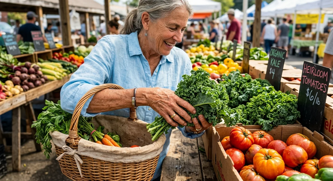 Candid shot of a senior woman's hands selecting fresh organic vegetables at an outdoor farmer's market.