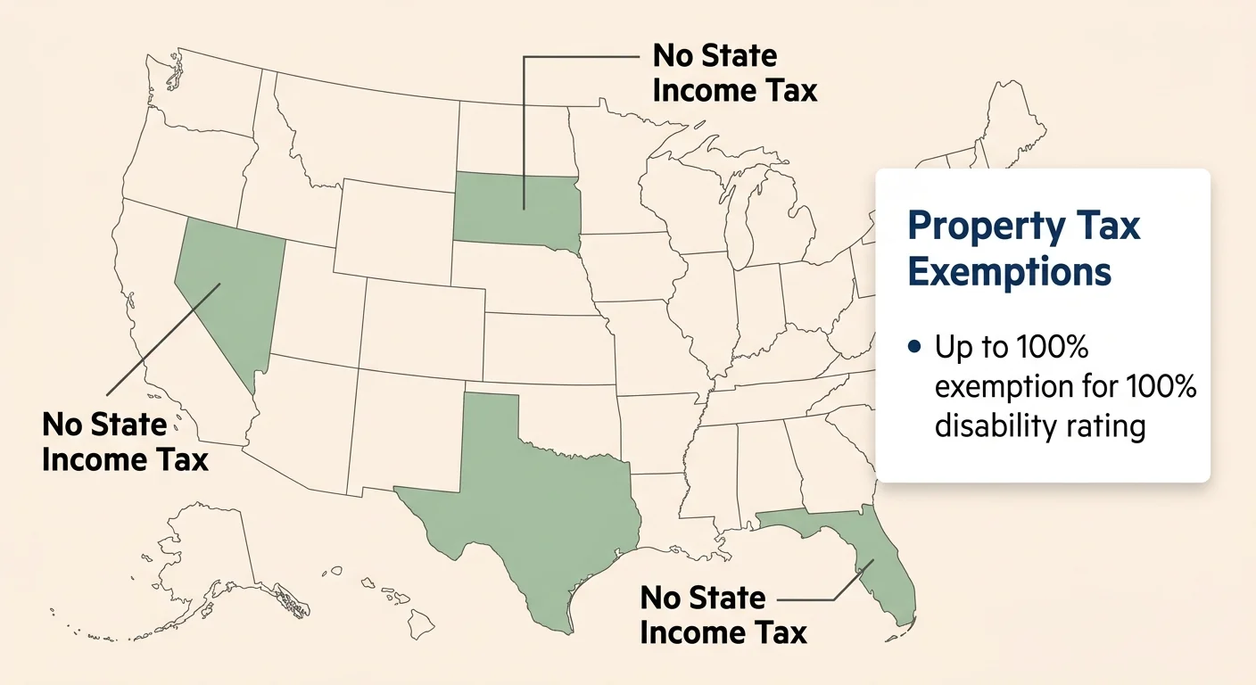 Clean infographic map showing states with no income tax and highlighting property tax exemptions for disabled veterans.