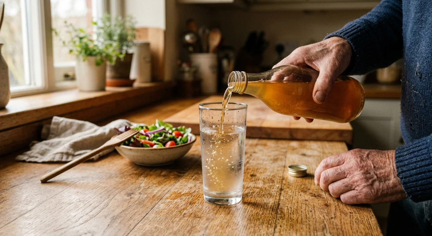 Close-up of a senior's hands pouring apple cider vinegar into a glass of water on a rustic wooden table.
