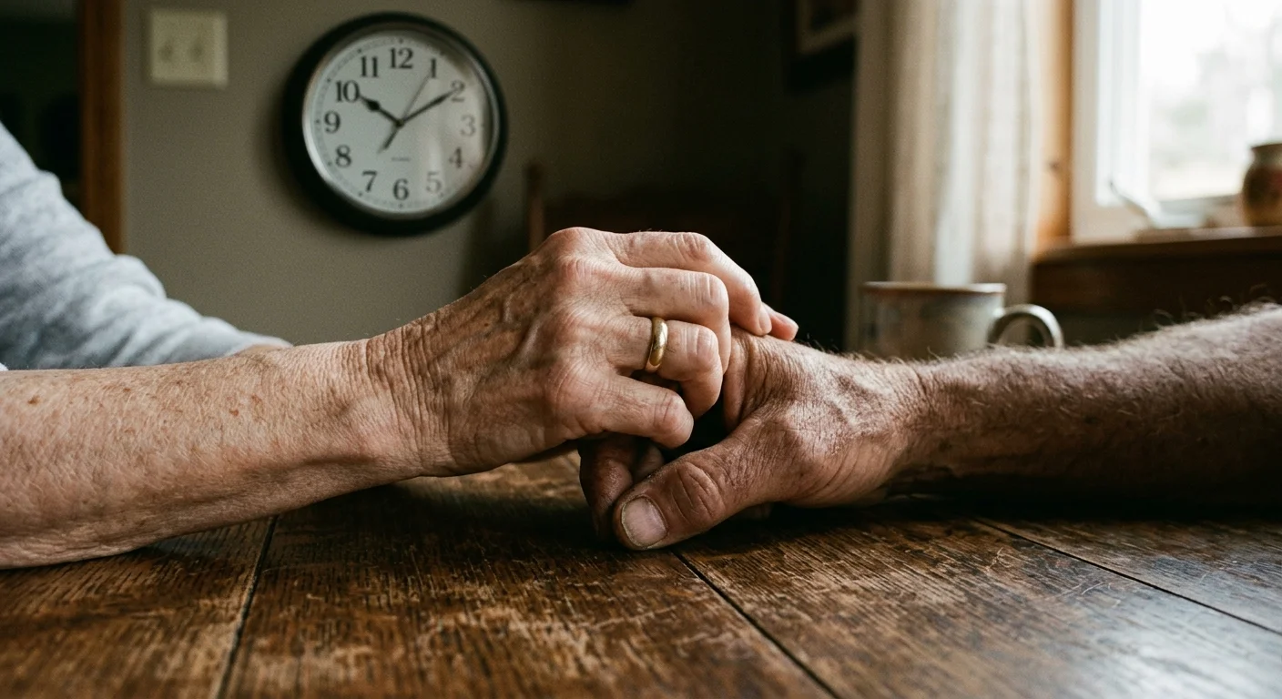 Close-up of an elderly couple holding hands on a wooden table with a clock softly blurred in the background, showing quiet urgency.