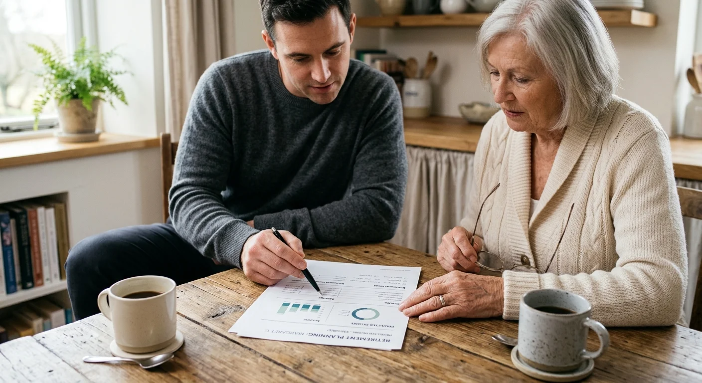 Close-up of an older woman and an advisor's hands reviewing a paper financial plan together over coffee at a wooden table.