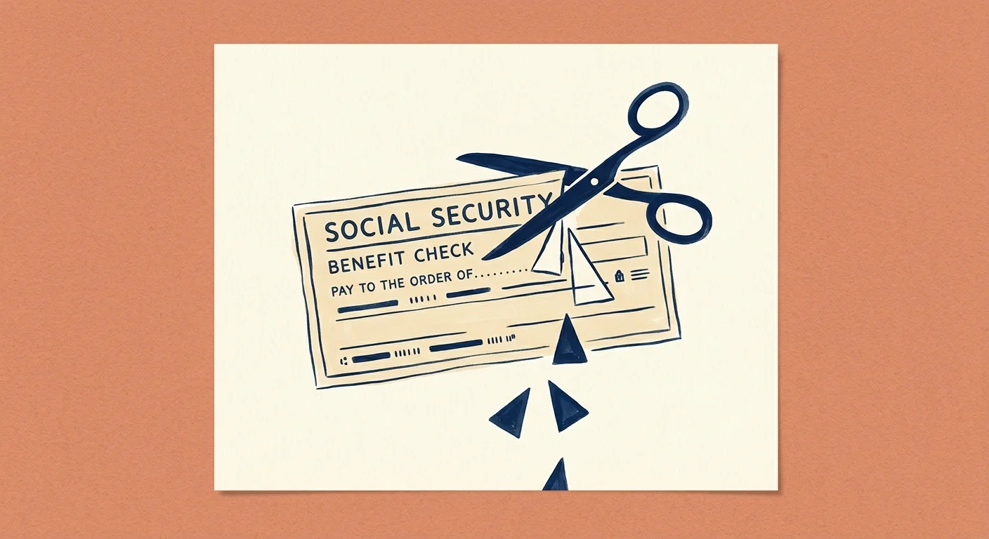 Editorial illustration of a paycheck having its corners trimmed by stylized scissors, representing hidden deductions.