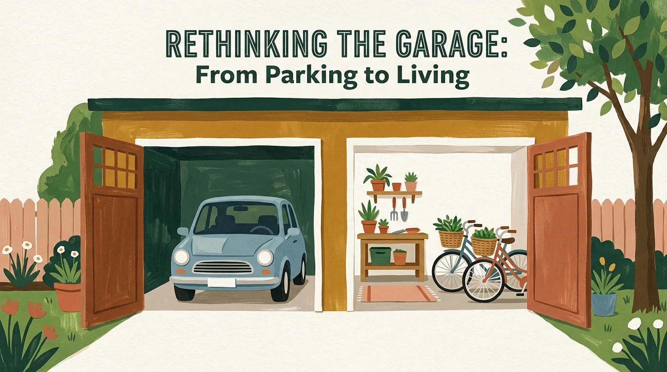 Gouache illustration of a garage with one car and two bicycles, symbolizing a transition to alternative transportation.