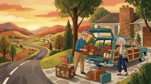 Gouache illustration of a smiling retired couple loading a vintage station wagon for a road trip at sunset.