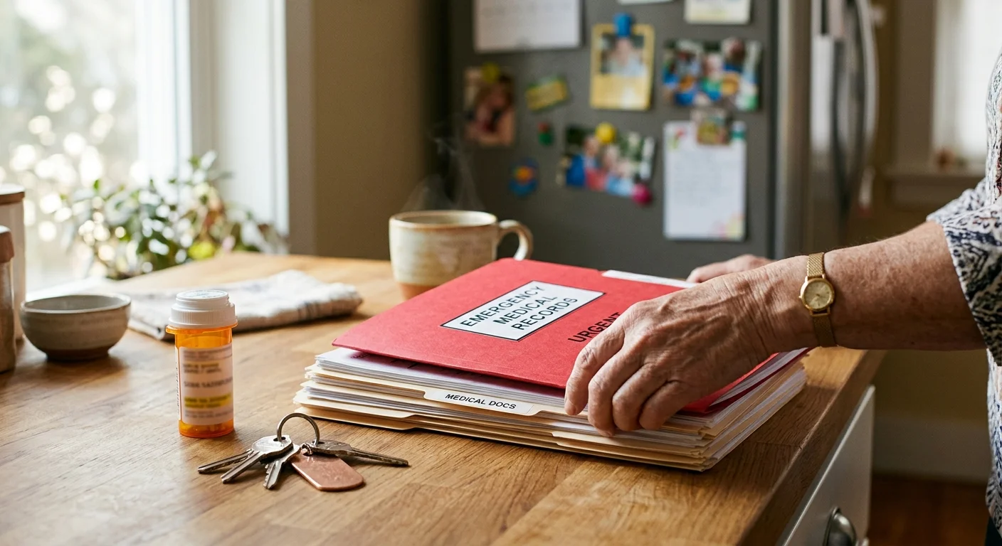 Hands placing a red emergency medical records folder on a kitchen counter next to a set of keys and medicine bottles.