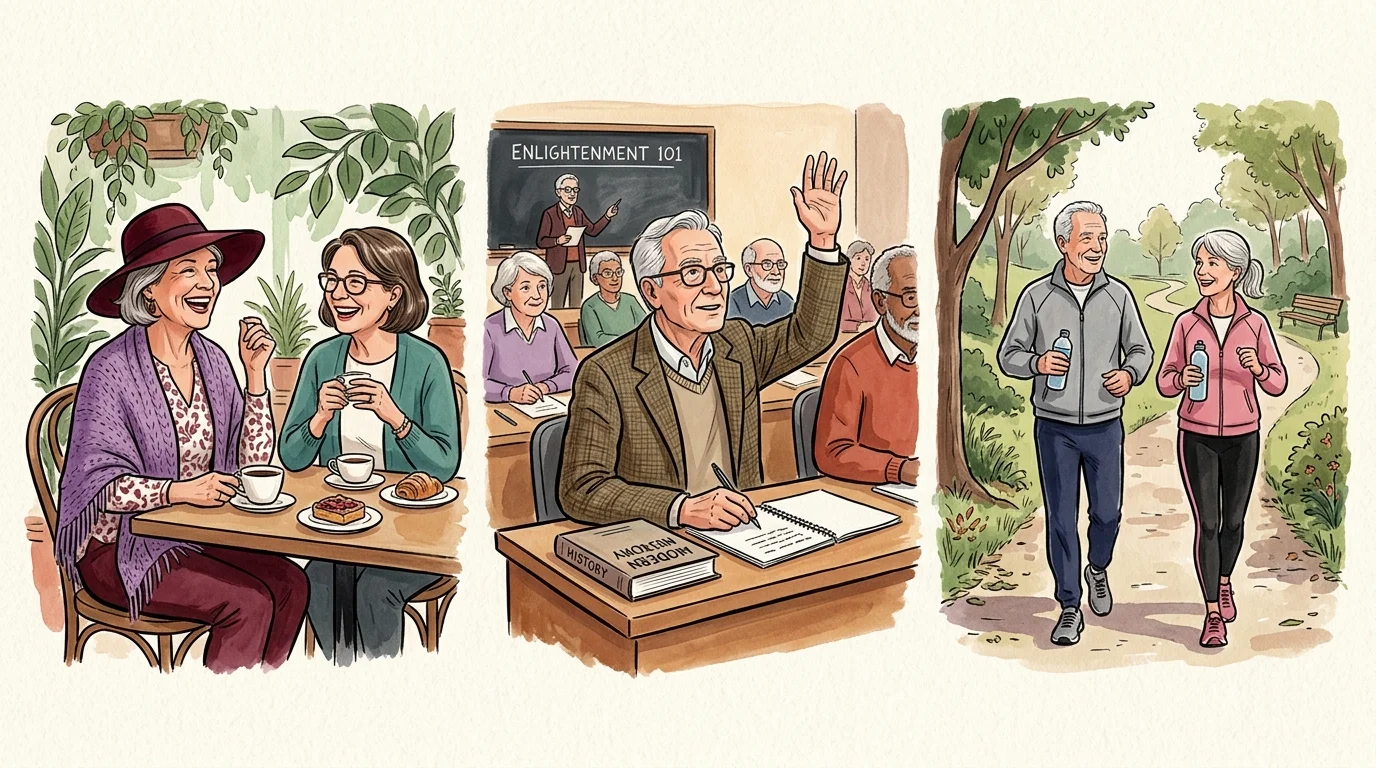 Illustration showing diverse senior activities: a woman in a red hat, a man in a college classroom, and a couple power walking.