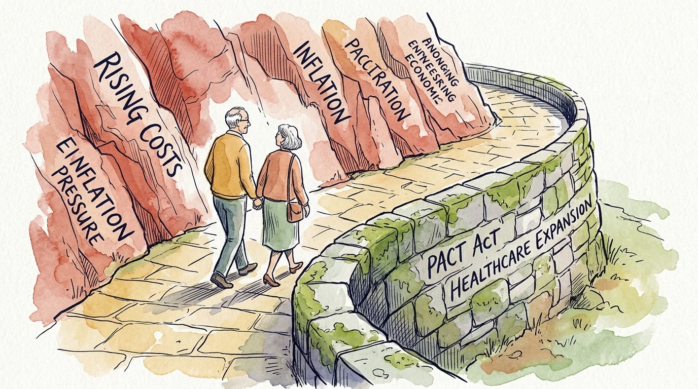 Ink and watercolor illustration of a couple walking a secure path protected by a stone wall labeled PACT Act.