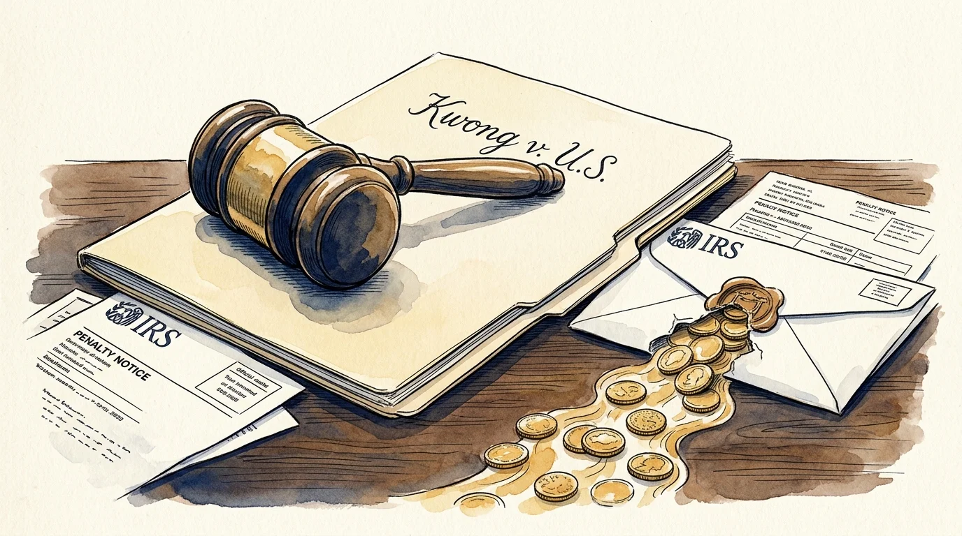Ink and watercolor illustration of a judicial gavel resting on IRS penalty notices with gold coins spilling out.