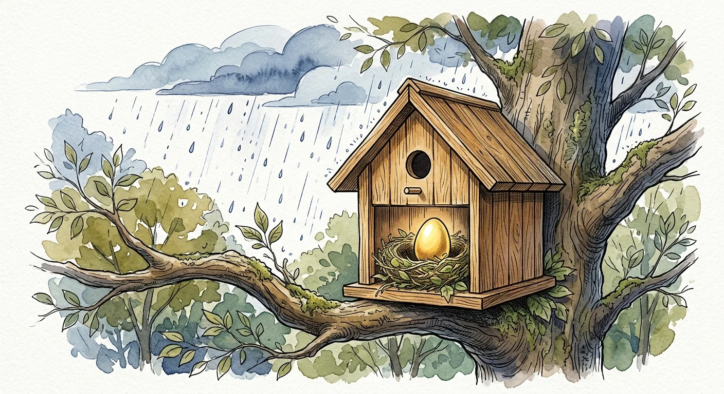 Ink and watercolor illustration of a sturdy wooden birdhouse protecting a nest from a gentle, stylized rain shower.