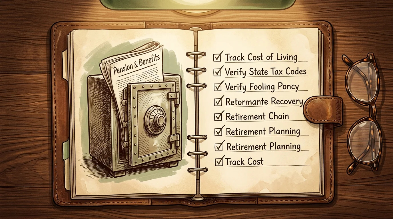 Ink and watercolor illustration of an open planner detailing checks for pension, state tax codes, and cost of living.