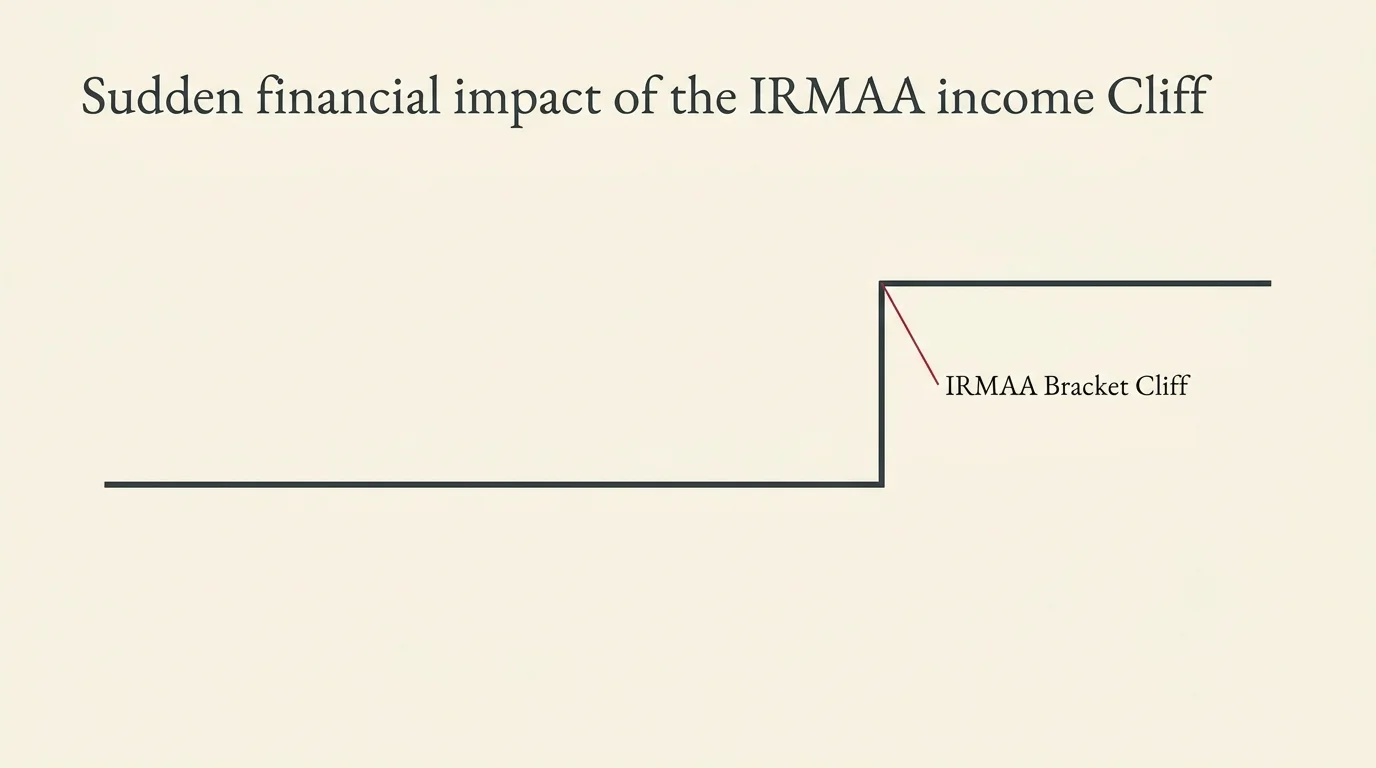 Line diagram showing a horizontal line that suddenly spikes straight up at a threshold labeled IRMAA Bracket Cliff.