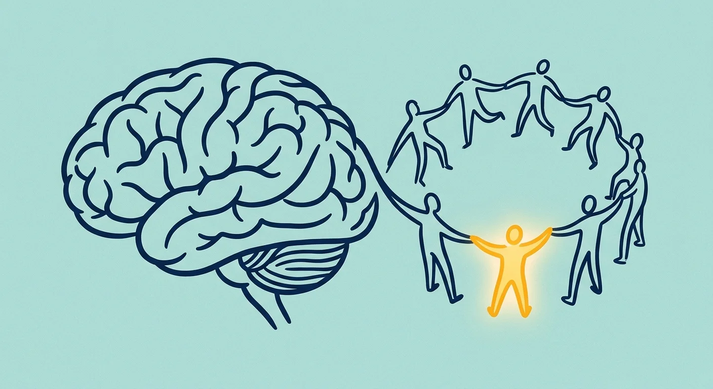 Minimalist conceptual illustration linking the shape of a brain directly to a network of interconnected figures holding hands.