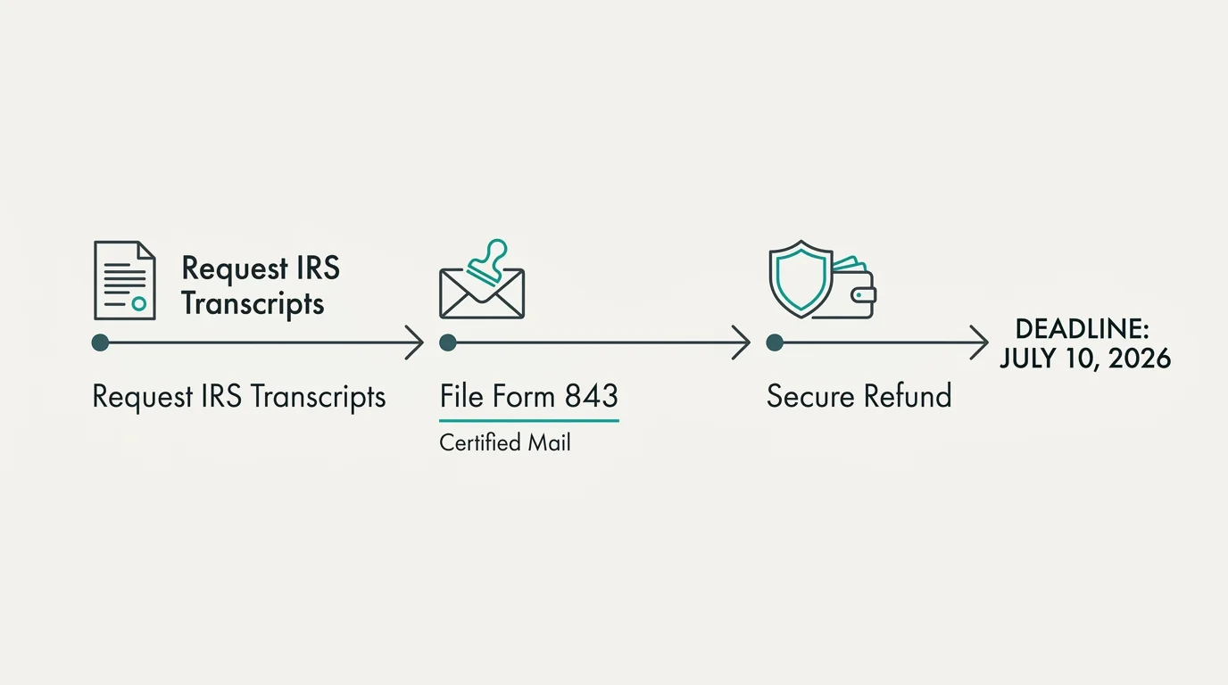 Minimalist horizontal timeline showing the three steps to file Form 843 before the July 10, 2026 deadline.