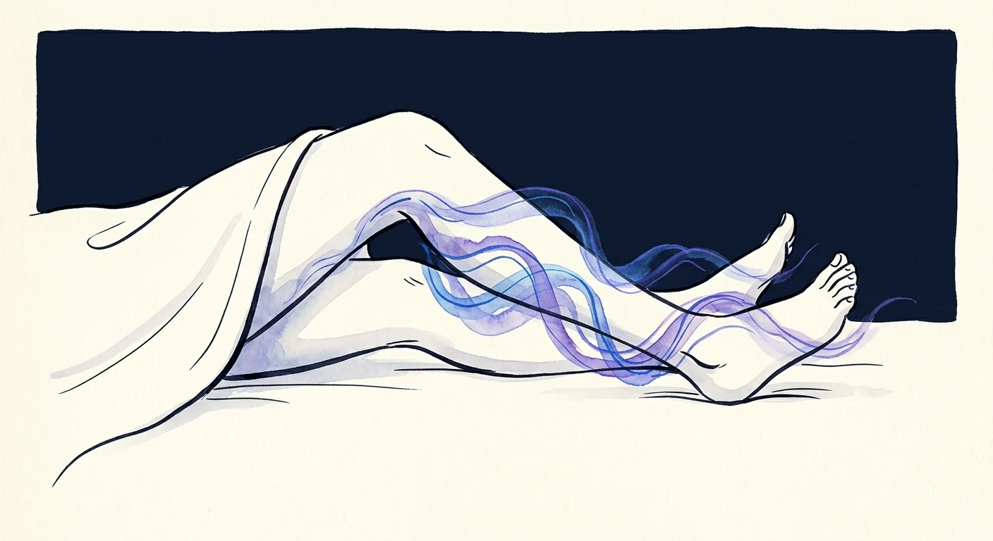 Minimalist illustration of legs under a bedsheet with abstract blue and purple swirls indicating tingling sensations.