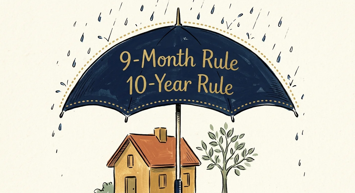 Minimalist ink and gouache illustration of a navy-blue umbrella labeled '9-Month Rule' protecting a small house from rain.
