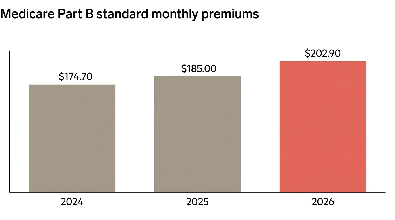 Three-bar chart showing Medicare Part B premiums climbing from $174.70 in 2024 to $185.00 in 2025 and $202.90 in 2026.