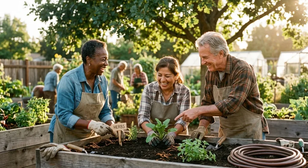 Three senior friends laugh together while working in a sunny community garden, highlighting active social retirement.