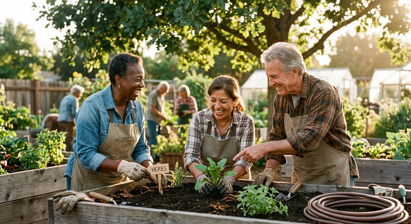 Three senior friends laugh together while working in a sunny community garden, highlighting active social retirement.
