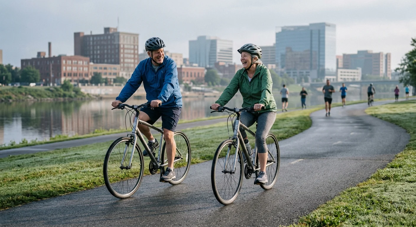 Two older adults ride bicycles along a paved park path with a mid-sized city skyline in the soft morning light.