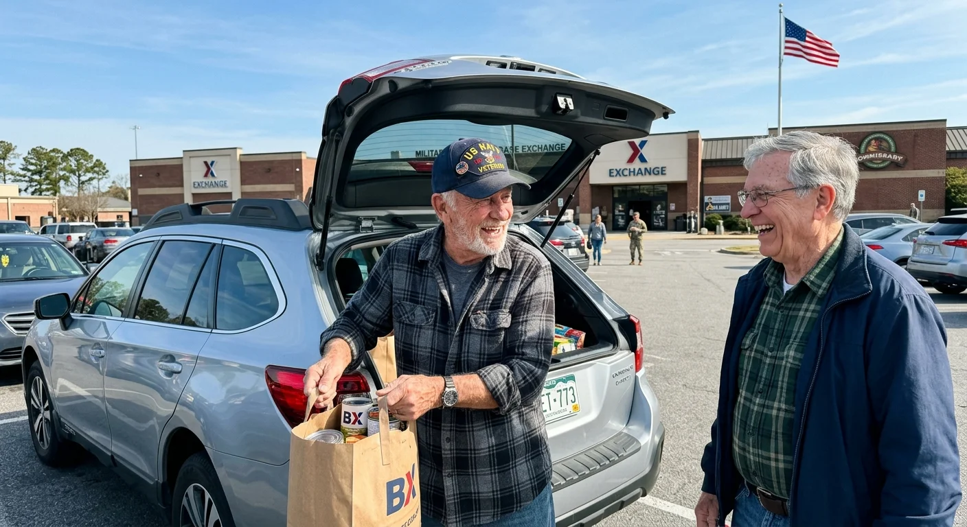 Two retired veterans laughing while packing groceries outside a military commissary on a bright morning.