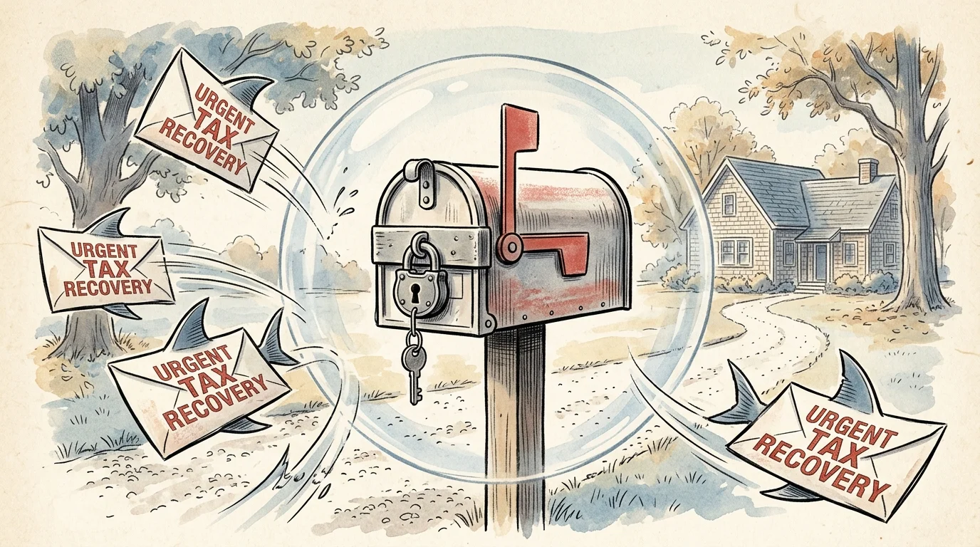Watercolor illustration of a locked mailbox inside a protective shield deflecting suspicious letters marked urgent.