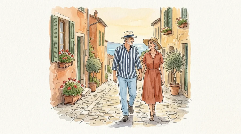 Watercolor illustration of a retired couple walking down a historic Italian cobblestone street towards a view of the blue sea.