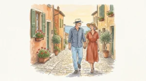 Watercolor illustration of a retired couple walking down a historic Italian cobblestone street towards a view of the blue sea.