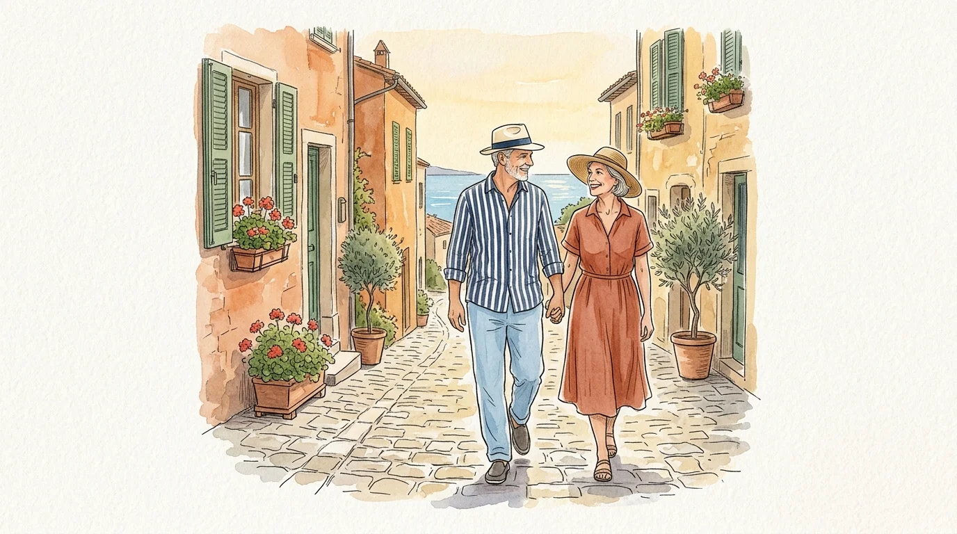 Watercolor illustration of a retired couple walking down a historic Italian cobblestone street towards a view of the blue sea.