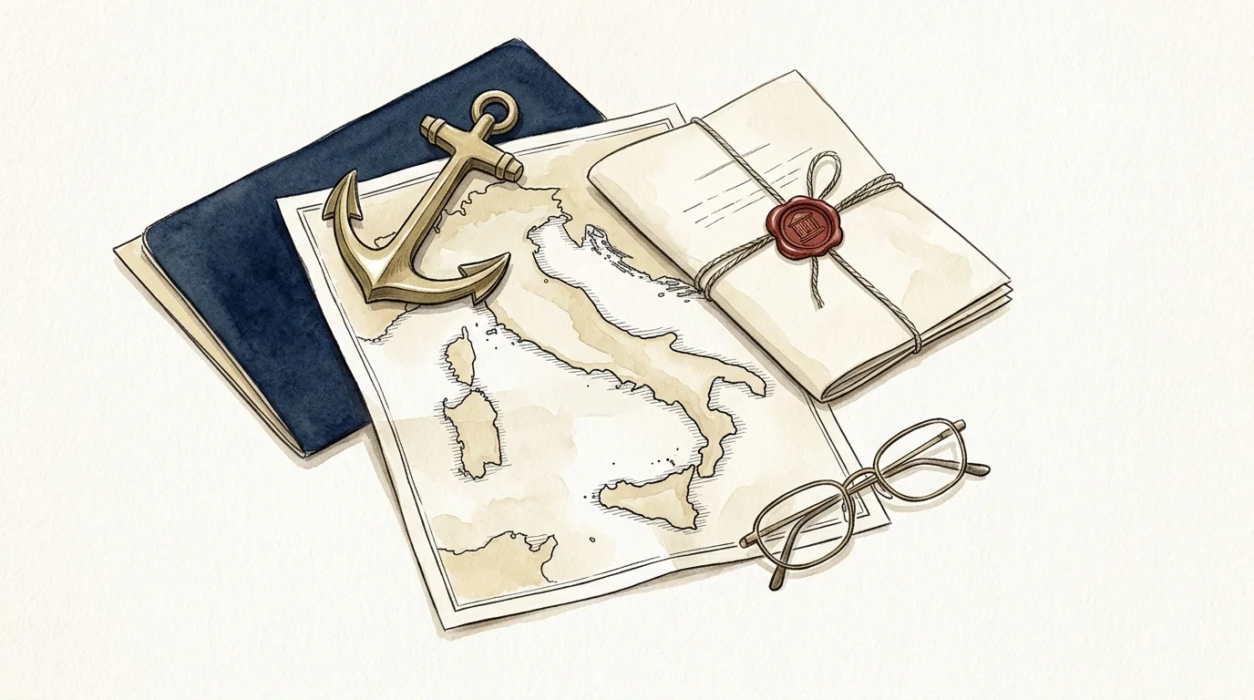 Watercolor illustration of an anchor paperweight holding down an Italian map and legal document, symbolizing protection.