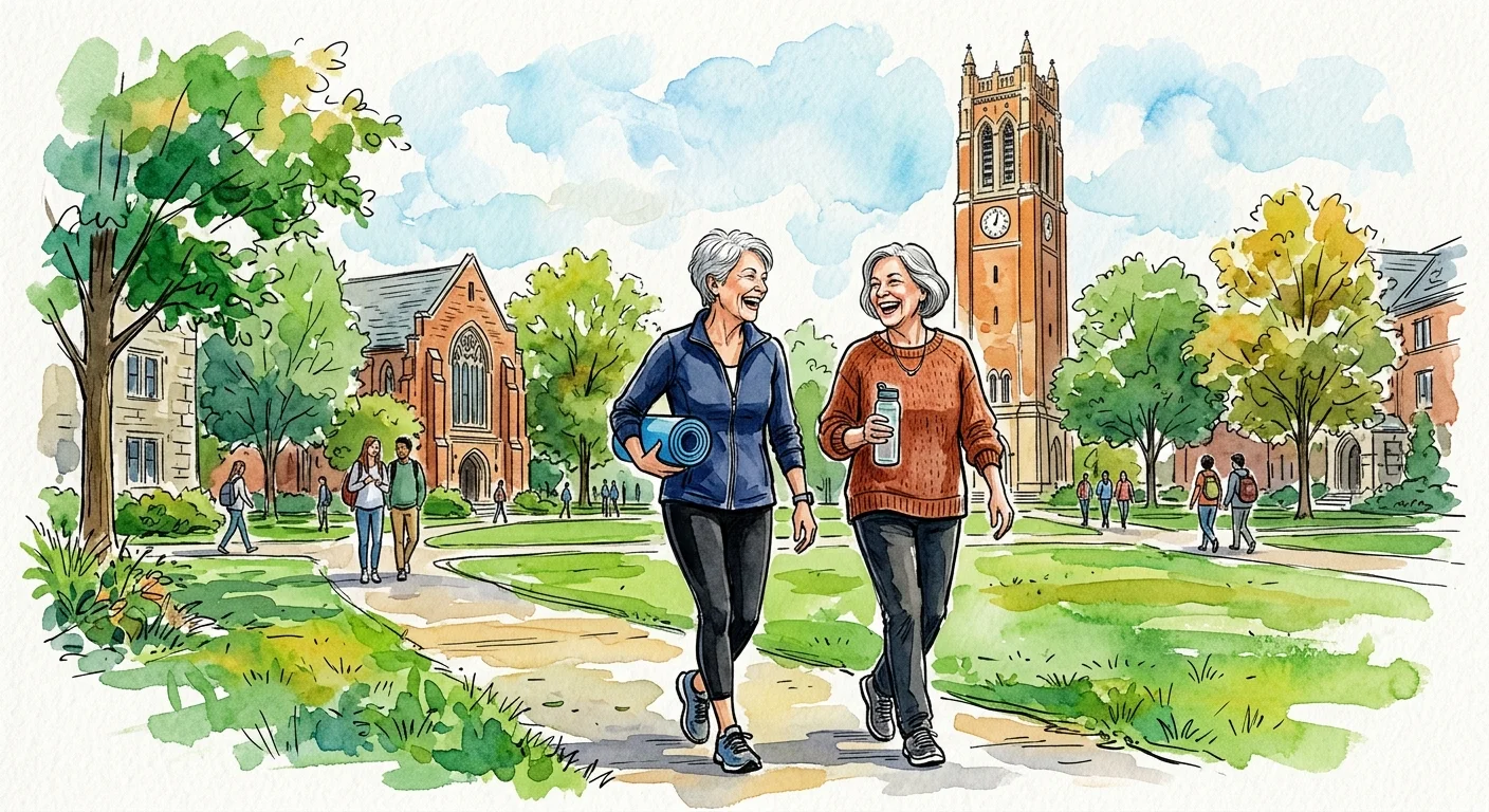 Watercolor sketch of two active senior women walking across a campus quad with a yoga mat.