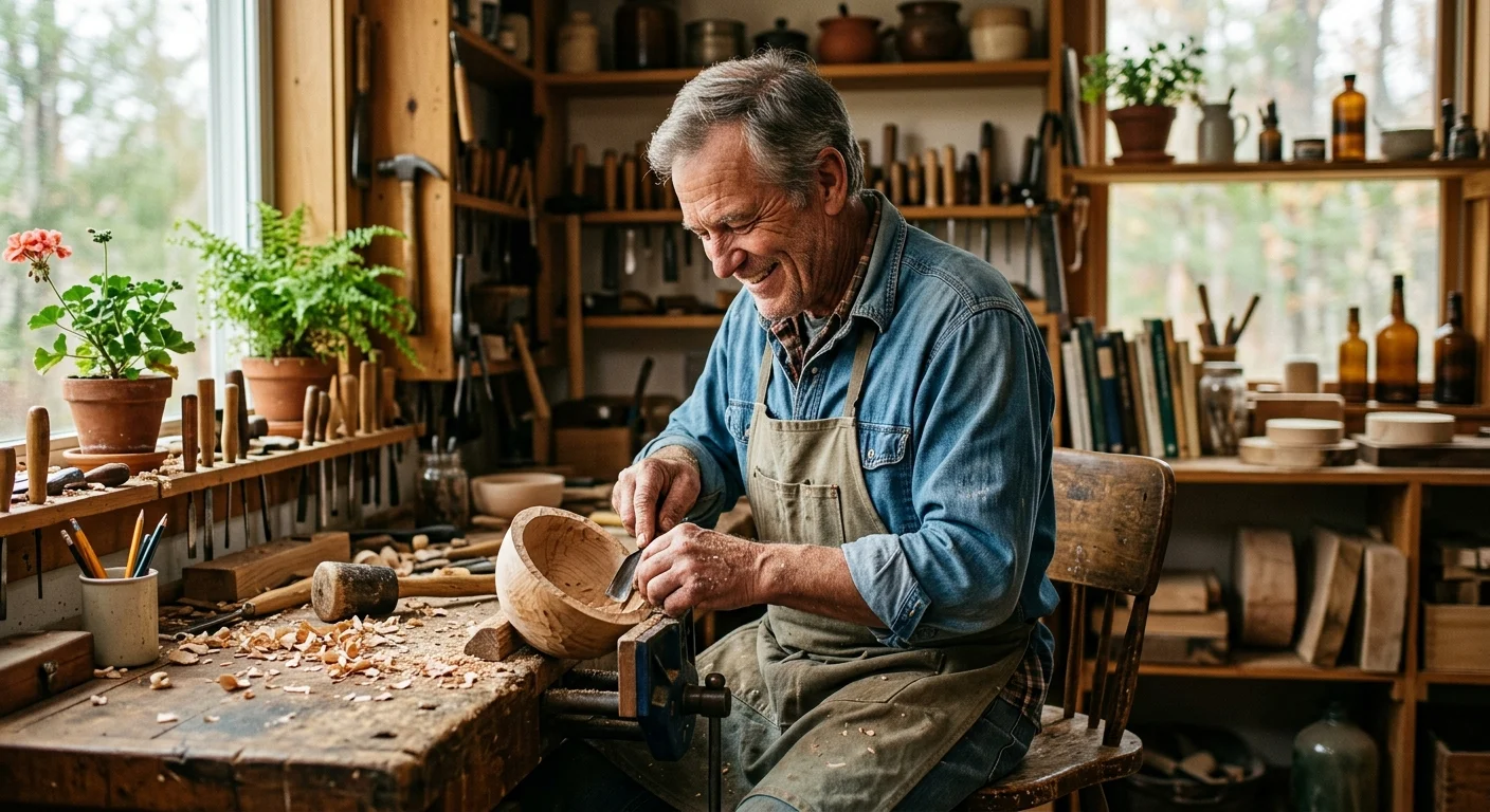 A 68-year-old retired man happily working in his warm woodcraft home workshop, sanding a hand-carved wooden bowl.
