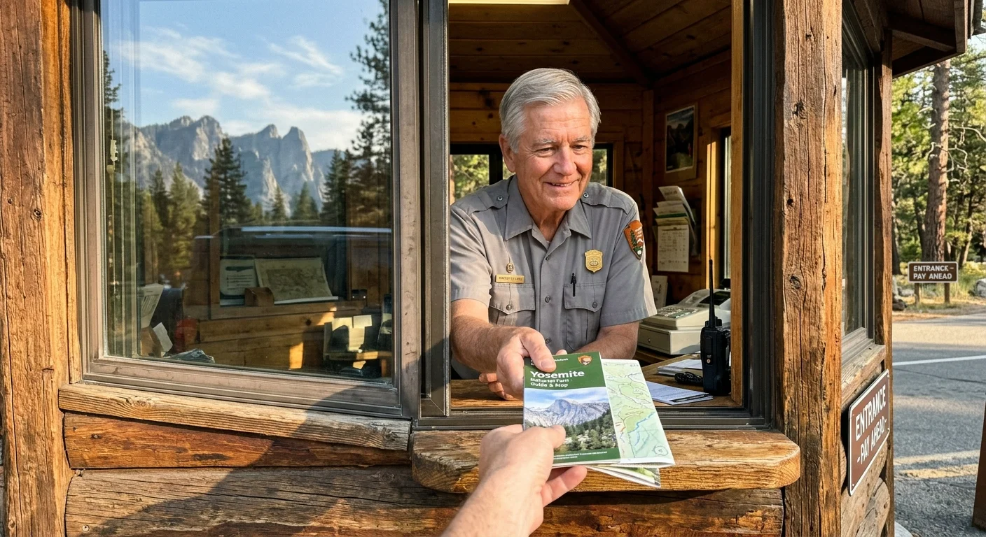 A candid photo of a friendly older park worker handing a map through a wooden entrance booth window with mountains in the background.
