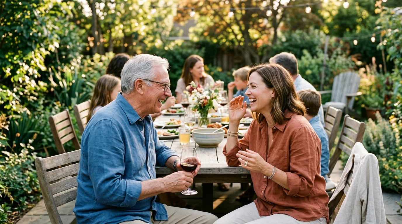 A candid photo of a senior man and his adult daughter laughing together at an outdoor patio dining table.