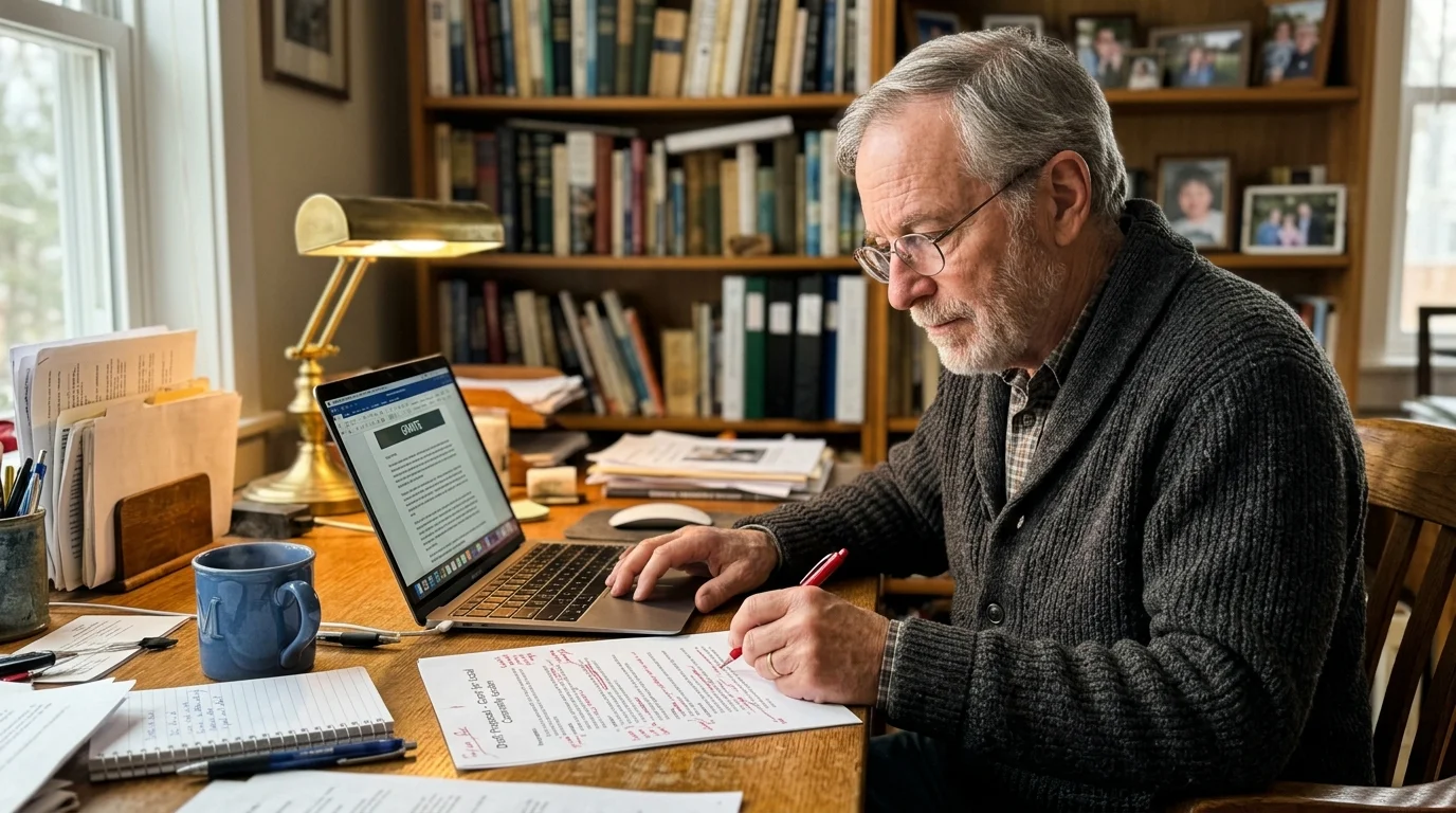A candid photograph of an older man working on a laptop at his cozy home office desk.