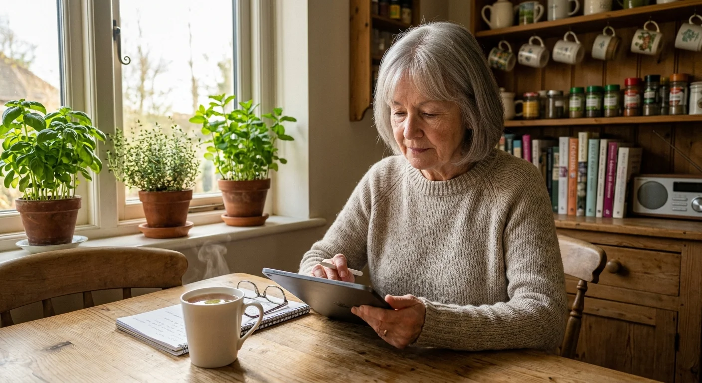 A candid photograph of an older woman looking at a tablet in her warm, sunlit kitchen, with a notebook and tea on the table.