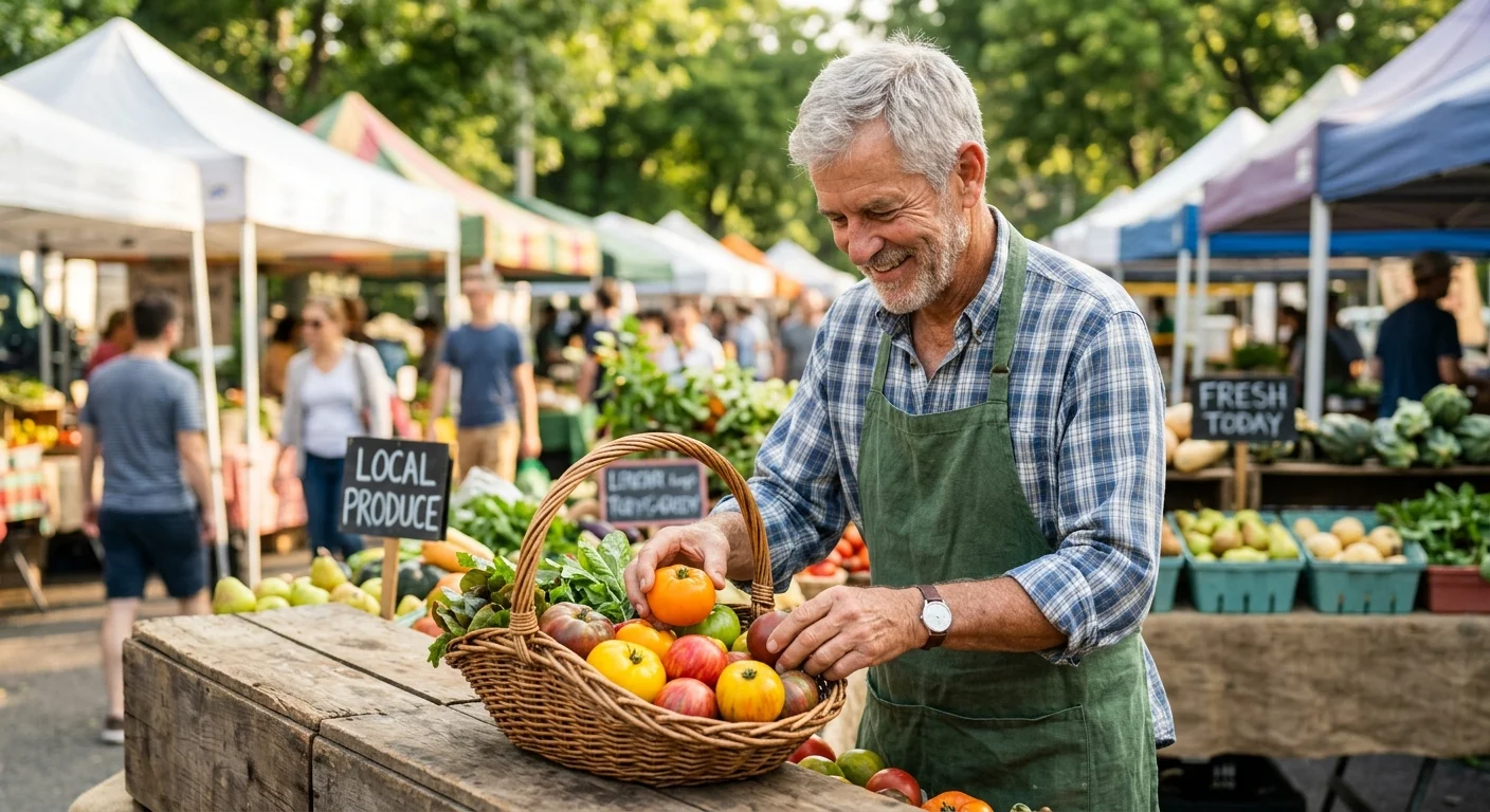 A cheerful retired man in an apron arranges fresh heirloom tomatoes at a sunny, bustling outdoor farmers market stall.
