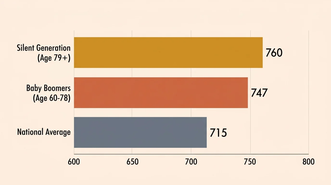 A clean bar chart comparing average FICO scores: Silent Generation at 760, Baby Boomers at 747, and the National Average at 715.