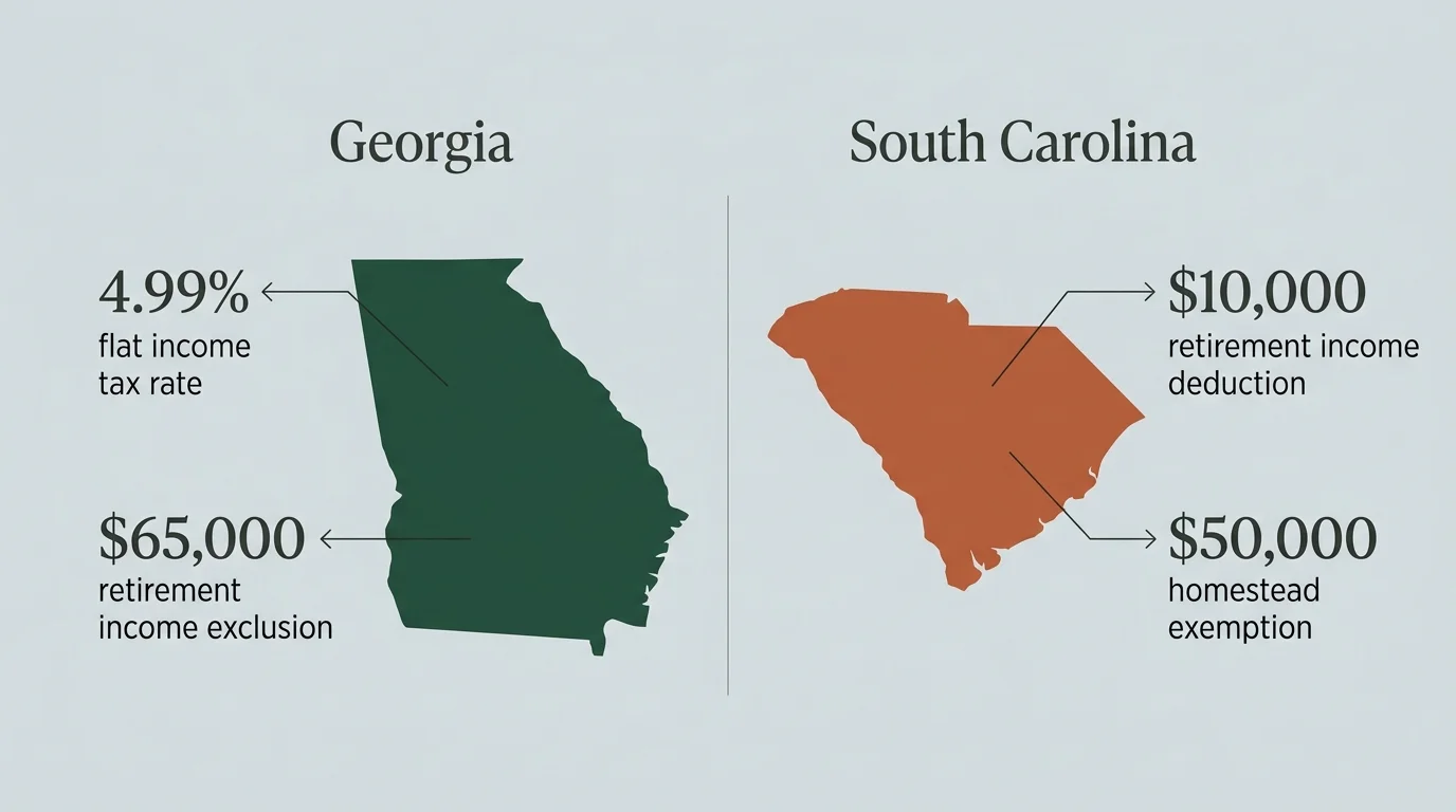 A clean comparison diagram showing state tax benefits for Georgia and South Carolina, including flat tax rates and exemptions.