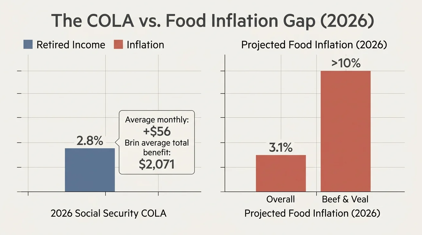 A clean editorial bar chart comparing the 2.8% Social Security COLA increase to the 3.1% overall food inflation projection.