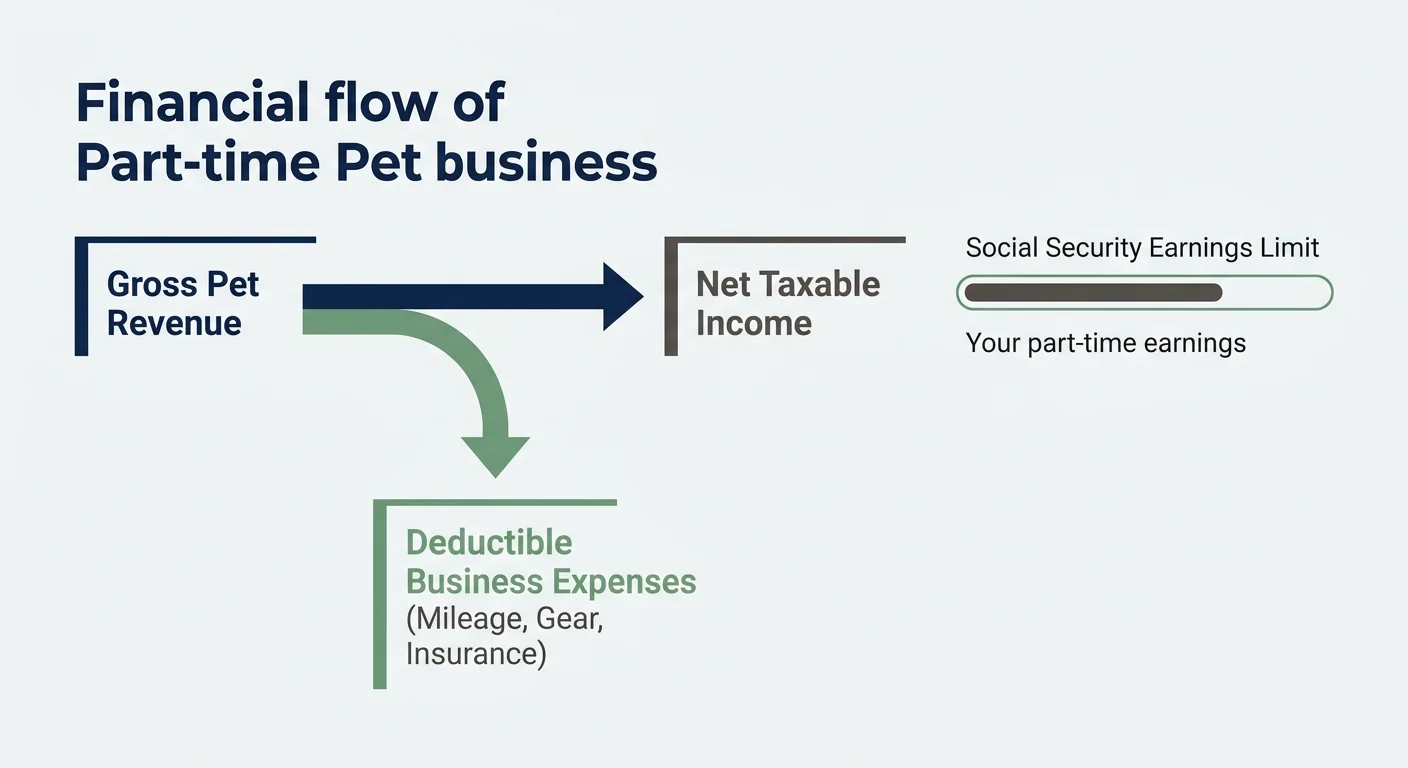 A clean financial flow chart illustrating how part-time pet income, business deductions, and Social Security limits interact.