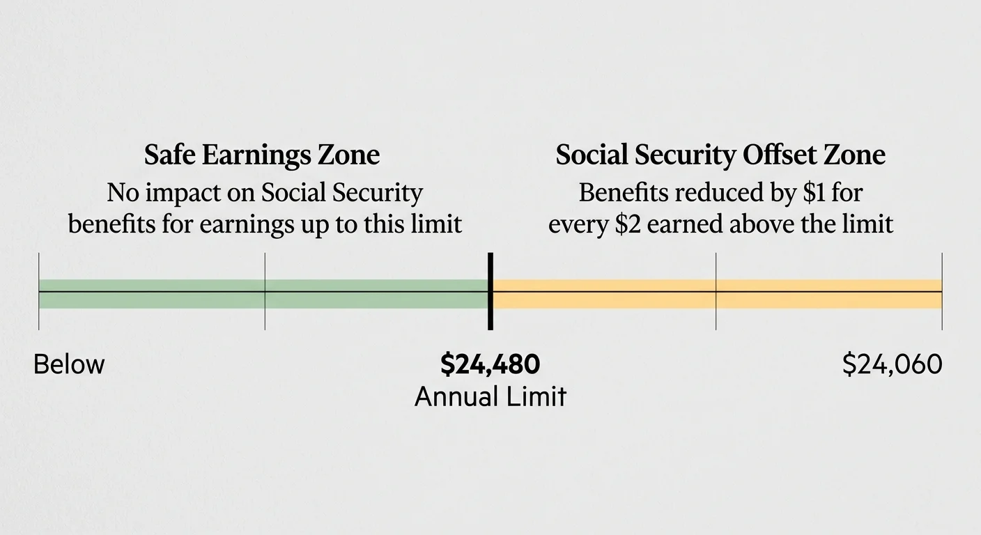 A clean financial timeline diagram showing the $24,480 annual limit for Social Security earnings.