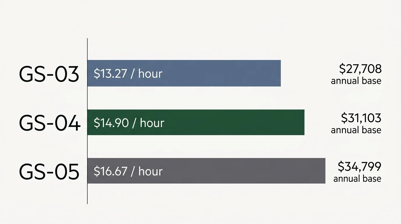 A clean horizontal bar chart showing the GS-03, GS-04, and GS-05 federal pay scales, hourly rates, and annual base salaries.